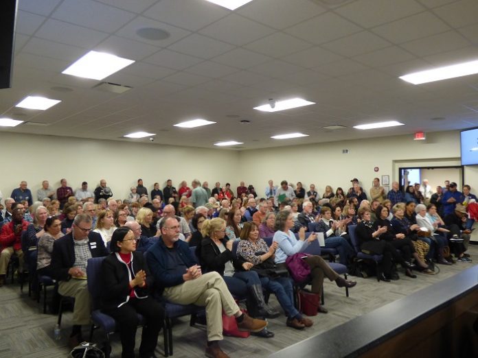 More than 200 people filled the meeting room at the Feb. 24 meeting of the Fayette County Board of Education. The vast majority opposed the proposed change to sex education curriculum. Photo/Ben Nelms.