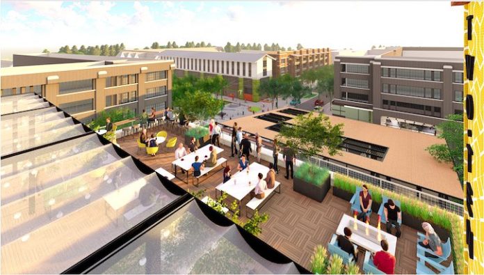 New renderings show the rooftop bar and restaurant at the Two-Ten office and retail building at Pinewood Forest expected to open later this year. Rendering/Submitted.