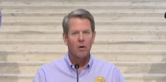 Georgia Gov. Brian Kemp speaks from the state Capitol April 8. Photo/from the GPB livestream.