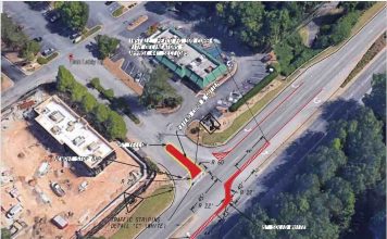 A DOT graphic shows the proposed R-cut turn at the intersection of Dan Lakly Drive and Ga. Highway 54. The photo shows McDonald’s at top center and the remodeled Chick-filA at left before its parking lot was paved. Graphic/DOT via City of Peachtree City.