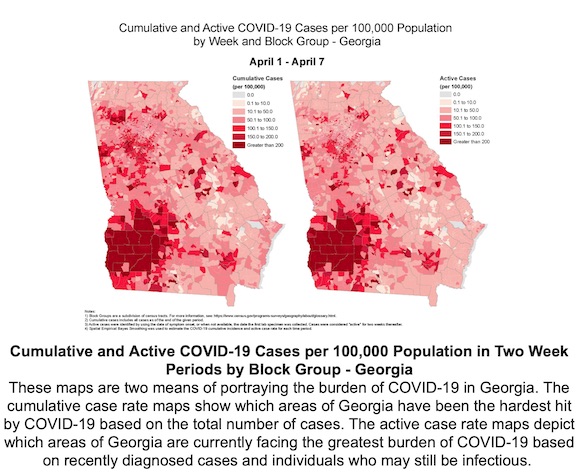 <b>DPH map of hot spots of Covid-19 by week (L) and by Census block group (R).</b>