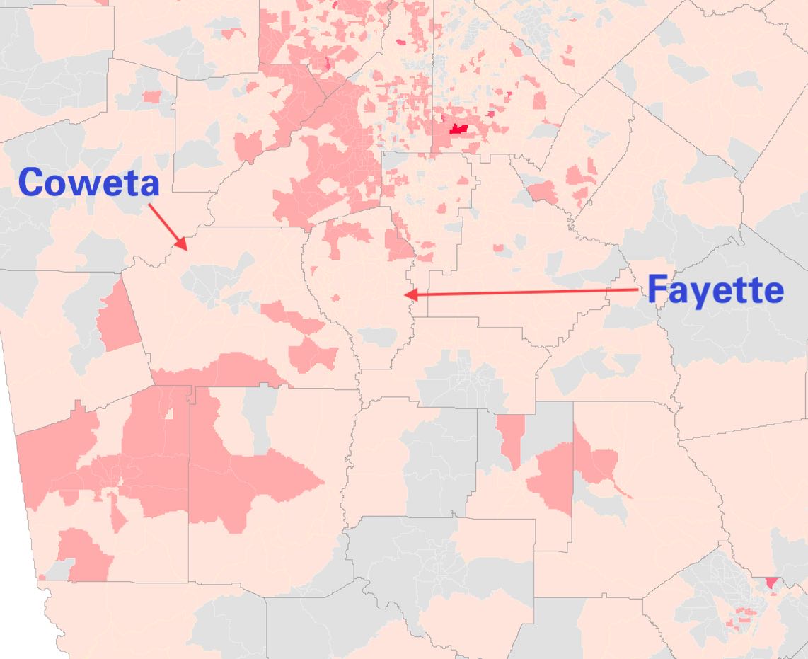<b>Close-up of DPH map showing Census tracts within counties of relative numbers of active Covid-19 infections by shade of red. In Fayette the geographic areas with the most cases are mostly in northern Fayette, while in Coweta the "hottest" areas are mostly in the southern and eastern sections of the county. Graphic/Ga. Dept. of Public Health.</b>