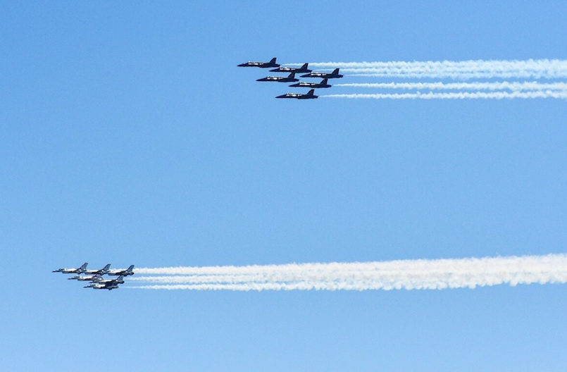 U.S. Navy's Blue Angels and U.S. Air Force's Thunderbirds join to honor Covid-19 workers.