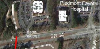 Aerial view of the route planned for the multi-use path and bridge across Ga. Highway 54 adjacent to the Piedmont Fayette Hospital. The path leads past Togwattee Village and connects to Bennett's Mill Middle School. Graphic/City of Fayetteville.