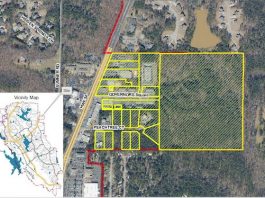Aerial view of the proposed LUC rezoning area on Peachtree City's east side. Graphic/City of Peachtree City.