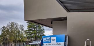 Street view of a voting ballot drop-off box at City Hall in downtown Kirkland, Wash., in February 2020. A photo of the type of box to be used by Georgia was not available. Photo/Colleen Michaels/Shutterstock.com.