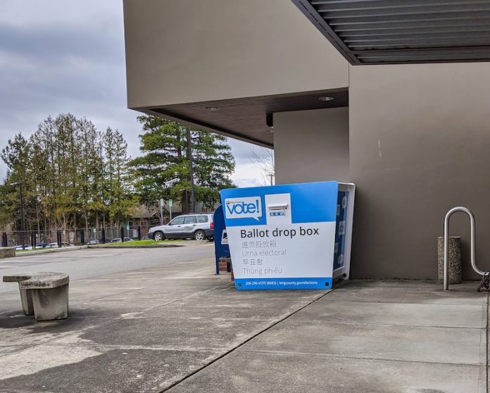 Street view of a voting ballot drop-off box at City Hall in downtown Kirkland, Wash., in February 2020. A photo of the type of box to be used by Georgia was not available. Photo/Colleen Michaels/Shutterstock.com.