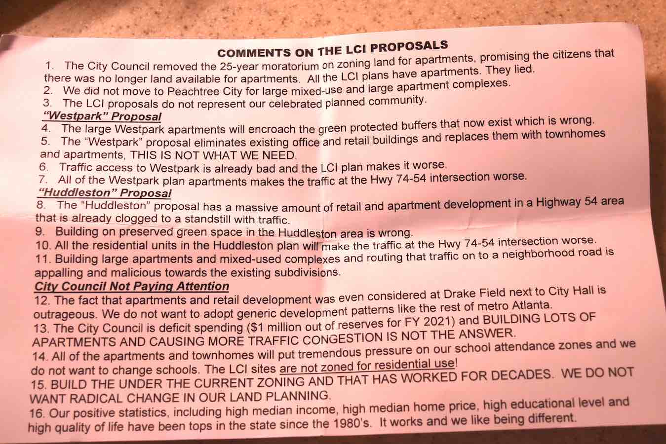 <b>Opposition handout criticizing City Council for the LCI planning results.</b>