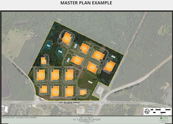 A discussion on the upcoming conceptual site plan, including a potential building layout, for the Southeast Data Center project at Ga. Highway 54 and Veterans Parkway in Fayetteville was held Oct. 27 by the Fayetteville Planning and Zoning Commission. Graphic/Oceanic Data Centers.