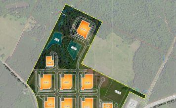 The conceptual site plan, including a potential building layout, for the 1 million sq. ft. Southeast Data Center project at Ga. Highway 54 and Veterans Parkway in Fayetteville was approved Dec. 15 by the Fayetteville Planning and Zoning Commission. Graphic/Oceanic Data Centers.