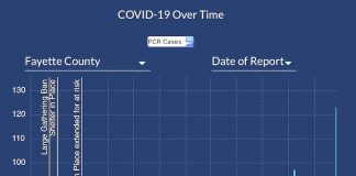 DPH graph of Covid-19 cases reported over time in Fayette. Note the spike at the far right of the graph, showing 123 cases reported in one day.