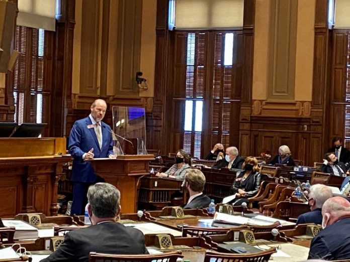 State Rep. Barry Fleming, R-Harlem, pitches his bill proposing broad changes to Georgia’s voting system, particularly for absentee voting, on March 1, 2021. Photo/Beau Evans.