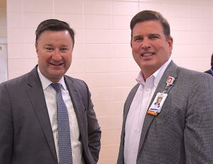 On site for the mass Covid vaccination event were Fayette County School Superintendent Dr. Jonathan Patterson (L) and Piedmont Fayette Hospital CEO Steve Porter, who both took off their masks for less than a minute to allow a photograph. Photo/Cal Beverly.