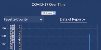 Graph shows Covid cases from March 2020 to present, depicting Fayette's current level as below 10 new cases a day. Graph/DPH.
