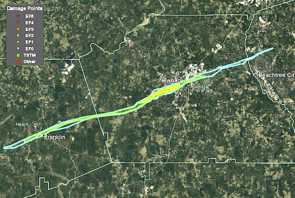 The track of the destructive tornado that struck 3 counties near and after midnight March 25 and 26. Radar track provided by the National Weather Service.