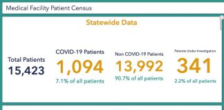 Covid patient numbers at hospitals across Georgia are holding in the low 7% range of all hospital patients. Chart from DPH data.