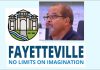 Fayetteville Mayor Ed Johnson with city's logos,
