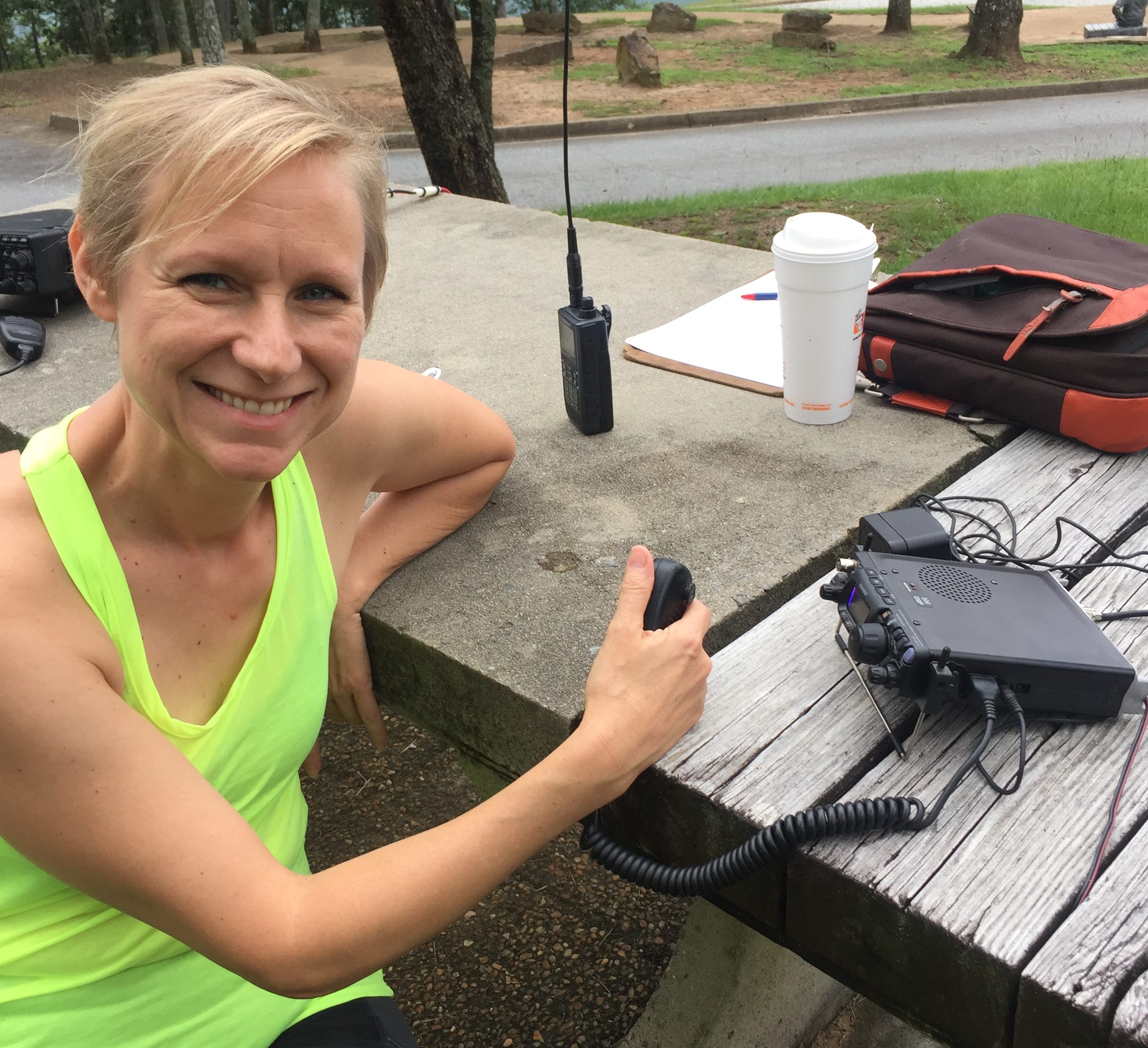 Mary Catherine Domaleski (KI4HHI) talks to a remote station using Amateur (Ham) Radio in preparation for Field Day. Photo/Joe Domaleski (KI4ASK).