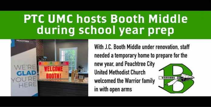 With J.C. Booth Middle under renovation, staff needed a temporary home to prepare for the new school year, and Peachtree City United Methodist Church welcomed the Warrior family in with open arms. Graphic/Fayette County School System.