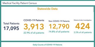 Statewide dats from hospitals and medical facilities show that almost 23% of all hospitalized patients are Covid-positive. Another 2.5% are being checks for Covid. That brings the Covid-related hospital patients to 1 out of every 4 patients. Aug. 17 graphic/Ga. DPH.