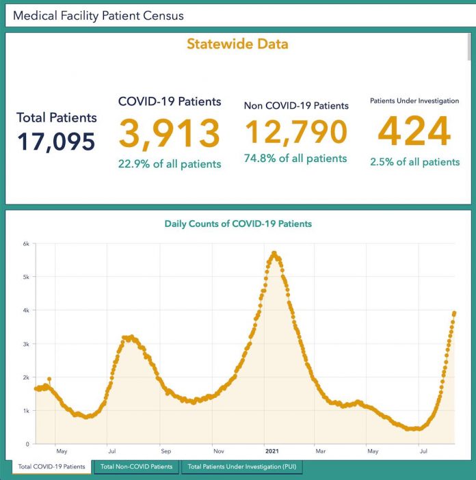 Statewide dats from hospitals and medical facilities show that almost 23% of all hospitalized patients are Covid-positive. Another 2.5% are being checks for Covid. That brings the Covid-related hospital patients to 1 out of every 4 patients. Aug. 17 graphic/Ga. DPH.