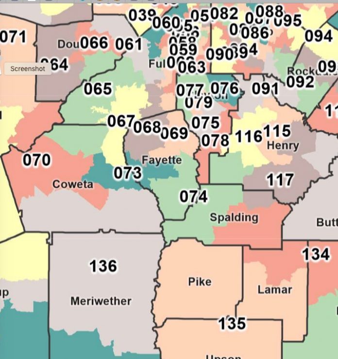 Proposed Georgia House redistricting map, showing redrawn districts in Fayette and Coweta counties. Graphic/GA House.