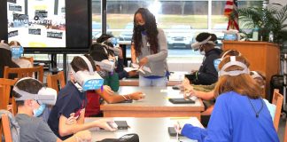Georgia Public Broadcasting’s Mobile Virtual Reality Lab transported Rising Starr Middle students to Owens-Thomas House in Savannah and back in time to learn about the lives of enslaved people. Photo/Fayette County School System.