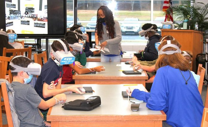 Georgia Public Broadcasting’s Mobile Virtual Reality Lab transported Rising Starr Middle students to Owens-Thomas House in Savannah and back in time to learn about the lives of enslaved people. Photo/Fayette County School System.
