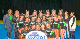 McIntosh High School cheerleaders and coaches celebrate third state title in a row. Photo/Fayette County School System.