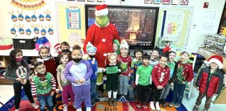 Meredith Mazzillo’s kindergarteners at Huddleston decoded clues to find where the Grinch had hidden their class Christmas tree. Photo/Fayette County School System.