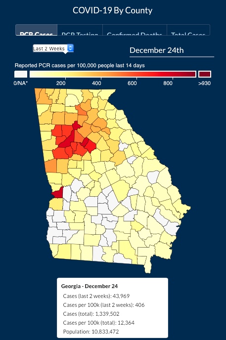 The state's hot spots for Covid infections, with red being the highest number. Graph/Ga. DPH.