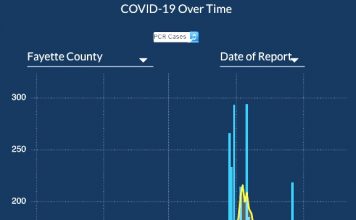 Closeup of the fourth surge of Covid cases confirmed by testing in Fayette shows a marked decline in recent days. Graph/Georgia DPH.