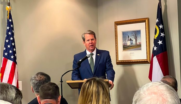 Governor Brian P. Kemp addresses the Fayette County Chamber of Commerce.