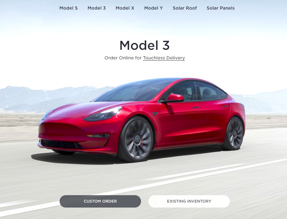 A Tesla Model 3 is shown on the Tesla website.