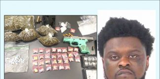 (R) Gerontay D. Adams. Photo/Fayette County Jail. (L) Pictured are the drugs and the weapon seized by Peachtree City Police after arresting Gerontay Adams on April 16. Photo/Peachtree City Police Department.