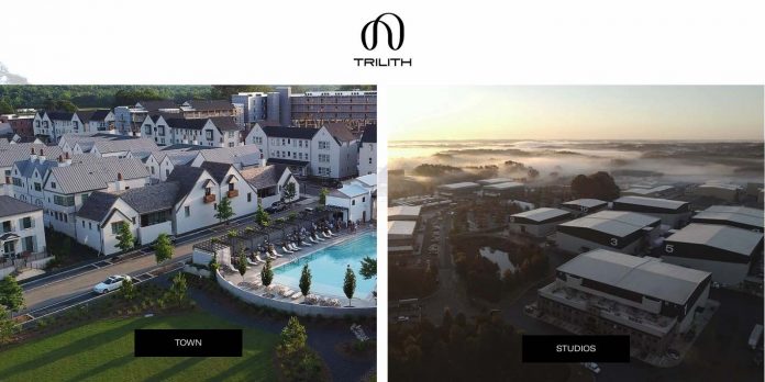 >Trilith Studios website shows studios on right, town on left.