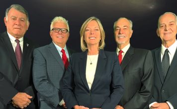 Official portrait of the 2023 Peachtree City Council. (L-R) Mike King, Phil Prebor, Mayor Kim Learnard, Clint Holland and Frank Destadio. Photo/Peachtree City website.