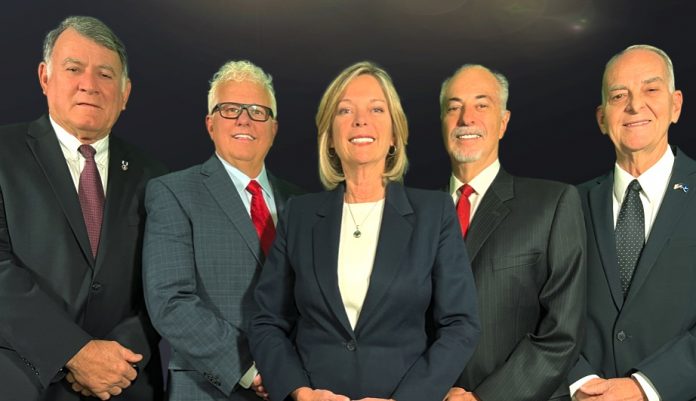Official portrait of the 2023 Peachtree City Council. (L-R) Mike King, Phil Prebor, Mayor Kim Learnard, Clint Holland and Frank Destadio. Photo/Peachtree City website.