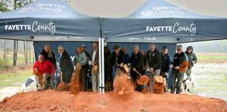 Moving dirt for the new animal shelter are (L-R) Commissioner Eric Maxwell, Commissioner Charles Oddo, Mayor Kim Learnard, Commissioner Edward Gibbons, County Manager Steven Rapson, Director Jerry Collins, Fayette Humane Society President Rick DeLoach. Photo/Fayette County.