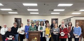 Authors, poets and contributors to the Peachtree City Library anthology ”Hip Pocket” pose for a group photo at the March 16, 2023 Peachtree City Council meeting. Photo/Submitted.