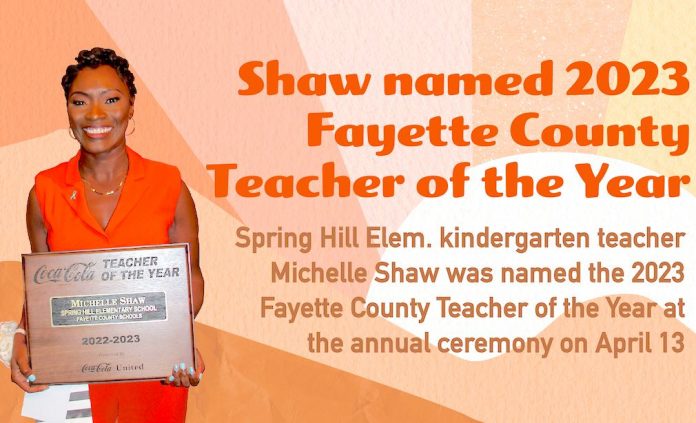 Michelle Shaw, Fayette County's Teacher of the Year for 2023, speaks after receiving her award. Photo/Fayette County School System.