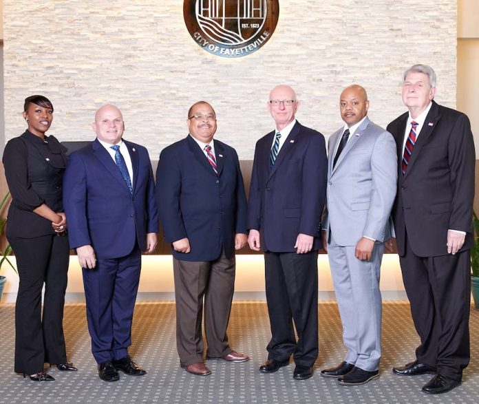 Portrait of Fayetteville City Council members. (L-R) Niyah Glover (mayor pro tem), Joe Clark, Mayor Edward Johnson, Scott Stacy, Darryl Langford and Rich Hoffman. Photo/City of Fayetteville website.