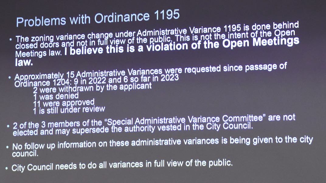 Slide presented by Councilmaan Clint Holland outlining problems with the setback variance request process. Photo/Cal Beverly