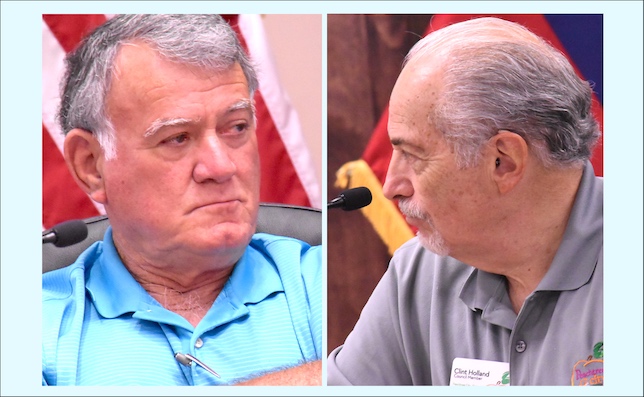 Peachtree City Council members Mike King (L) and Clint Holland at a June 2023 budget hearing.Photo/Cal Beverly