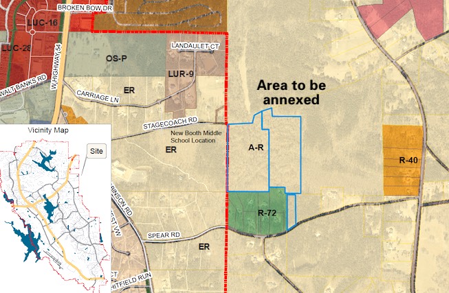 Eastside annexation request. Proposed area outlined in blue. Graphic/City of Peachtree City.