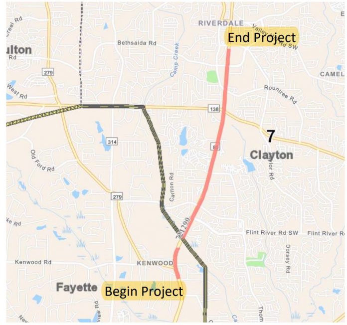 Map of 6-lane road widening project on Ga. Highway 85 leading into Clayton County. Graphic/Fayette County