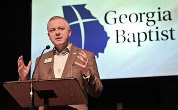 Georgia Baptist Convention President Josh Saefkow speaks to member of the Executive Committee in 2023. He is emphasizing the need for churches to focus on preparing the next generation of church leaders at the annual meeting Nov. 12-14. Photo/Index/Roger Alford.