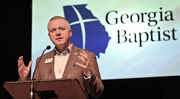 Georgia Baptist Convention President Josh Saefkow speaks to member of the Executive Committee in 2023. He is emphasizing the need for churches to focus on preparing the next generation of church leaders at the annual meeting Nov. 12-14. Photo/Index/Roger Alford.