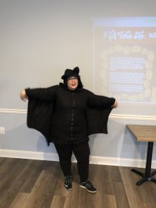 Our company's Web Manager Hollie Holder in the Halloween spirit as she talks about web project management to our team. Photo/Joe Domaleski