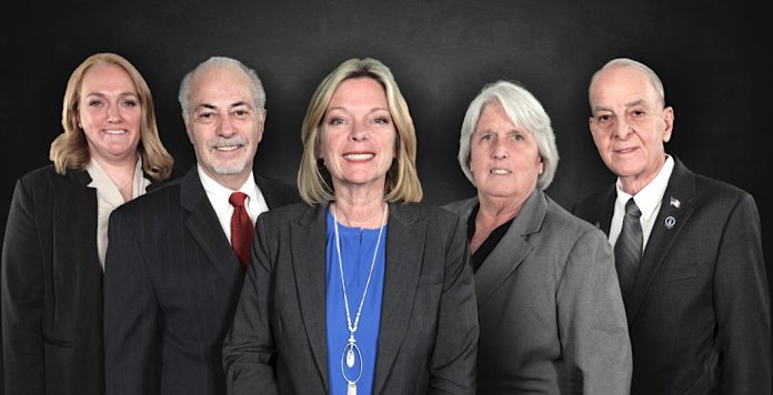 The official Peachtree City Council portrait as of mid-January 2024. (L-R) Laura Johnson (Post 1); Clint Holland (Post 3); Kim Learnard (mayor); Suzanne Brown (Post 2); Frank Destadio (Post 4 and mayor pro tem).